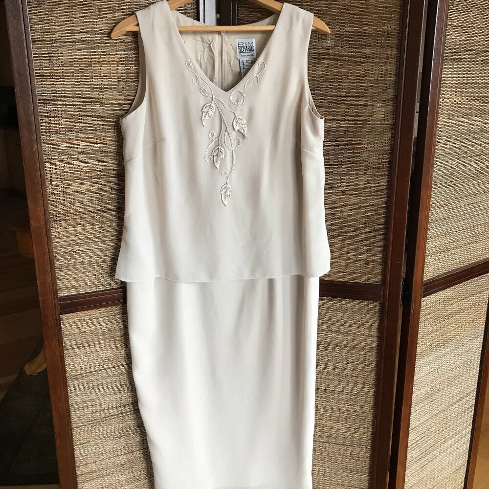 R&M Richards Karen Kwong 70s Floral Leaf Embroidered Cream Blouson Dress Size 12